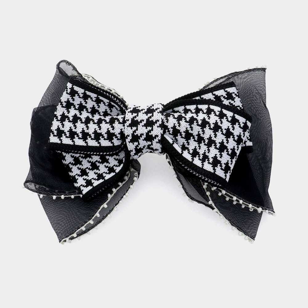 Black White Elegant Pearl Trim Houndstooth Sheer Ribbon Hair Bow Clip Accessory